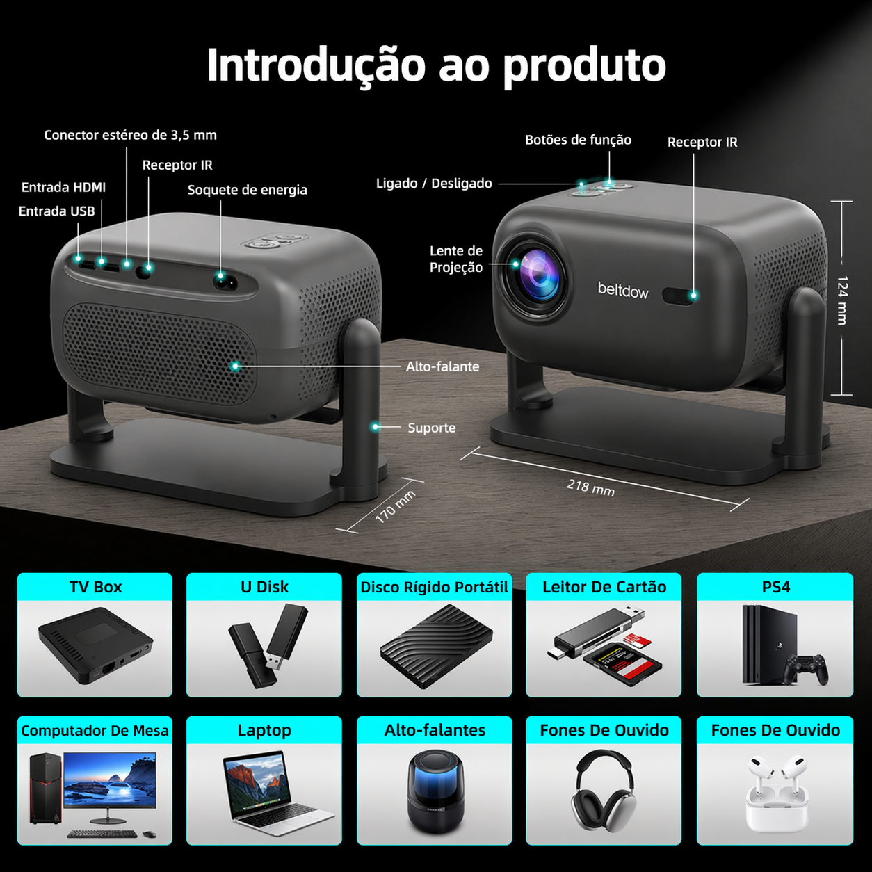 Projetor Bettdow AC1060 4K — detalhes do produto
